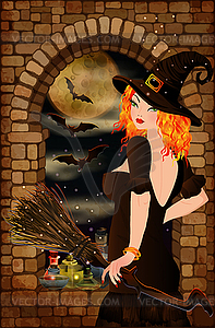 Happy Halloween greeting card with young red hair witch - vector image