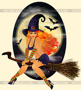 Happy Halloween greeting card with red hair witch. vect - vector clipart