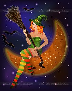 Halloween moon and red hair witch, vector illustration - vector clipart