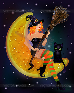 Halloween moon_ black cat , red hair witch, vector - vector image