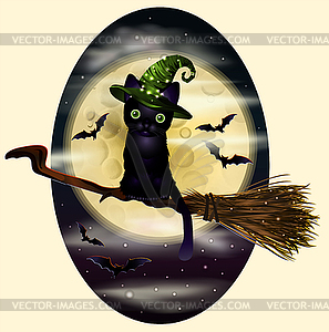 Счастливого Хэллоуина черная кошка и луна, векторная иллюстрация - изображение векторного клипарта