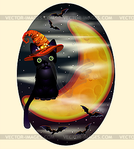 Happy halloween invitation card black cat and moon - vector clip art