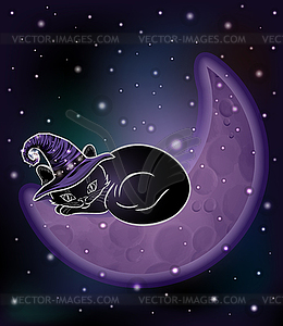 Happy halloween vip card. black moon kitten sleeps on a - vector clipart