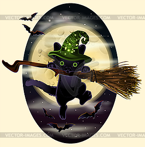 Happy halloween black cat with broom, vector illustrati - vector image