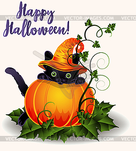 Happy Halloween  black cat and pumpkin, vector illustra - vector clip art