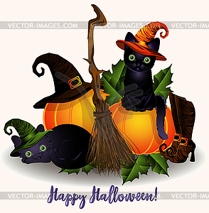 Счастливая открытка на Хэллоуин с двумя черными кошками, векторная иллюстрация - клипарт в векторном виде