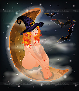 Луна Хэллоуина и сексуальная рыжеволосая ведьма, вектор  - иллюстрация в векторном формате