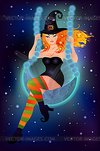 Рыжеволосая ведьма качается на луне, Поздравительная открытка на Хэллоуин - векторное изображение