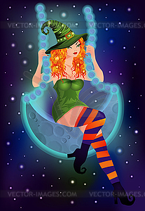 Young red hair witch swings on the moon - vector clipart