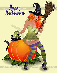 Happy Halloween vip card, pumpkin, red hair witch  - vector clipart