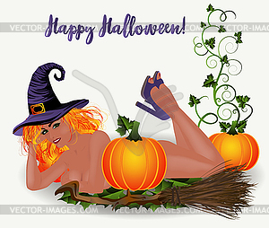 Happy Halloween card, sexual red hair witch and pumpkin - vector clip art