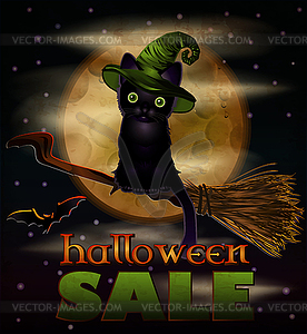 Happy Halloween sale card with cat and moon. vector - vector clipart