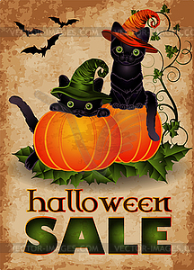 Happy Halloween sale banner with cat and pumpkin, vecto - vector image