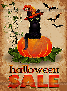 Happy Halloween sale card with black cat and pumpkin, v - vector clip art