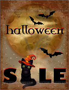 Halloween sale card with black cat in witch hat, vector - vector image