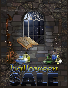 Фон распродажи Хэллоуина с книгами witj, метлой и по - изображение в векторе / векторный клипарт