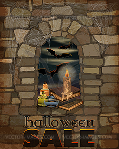 Happy Halloween sale banner with candle and books. vect - vector image