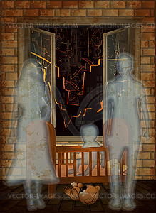 Stop War card. A dead family is standing near a broken - vector clipart
