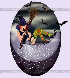 Halloween moon and red hair witch, invitation vip card, - vector image
