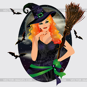 Halloween invitation card, moon and red hair witch, vec - vector clipart / vector image