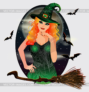 Happy Halloween vip card, full moon and red hair witch, - vector image