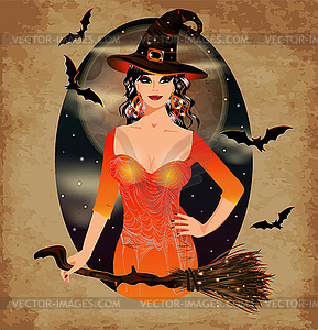 Happy Halloween card, full moon and sexual witch, vecto - vector clipart