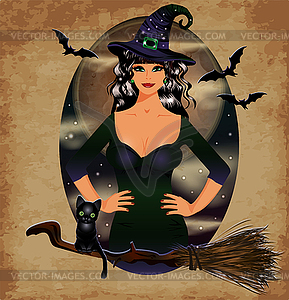 Happy Halloween invitation card, full moon, black cat a - vector clip art