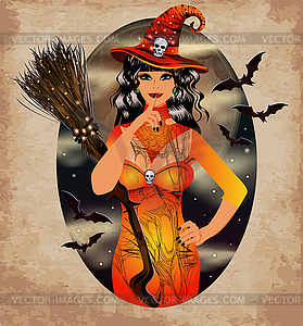 Happy Halloween gift card, full moon and sexual witch,  - vector image