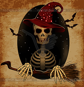 Happy Halloween card with skeleton and witch broom, vec - vector clipart