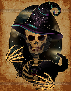 Happy Halloween vip card, cute skeleton with black cat  - vector image