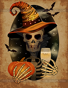 Happy Halloween card, cute skeleton with wine glass and - vector image