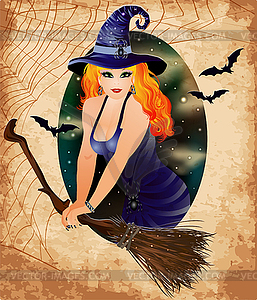 Happy Halloween invitation card, red hair witch, vector - vector image
