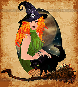 Happy Halloween vip card, red hair witch and black cat, - vector image