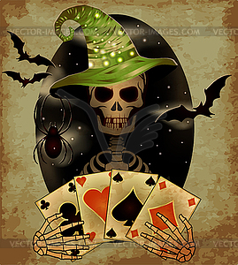 Happy Halloween casino banner, skeleton with poker card - vector clip art