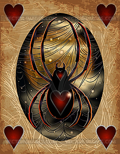 Casino Halloween poker card, full moon and spider heart - vector image