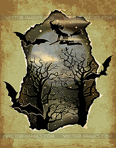 Happy Halloween greeting card, black forest and witch,  - vector clip art