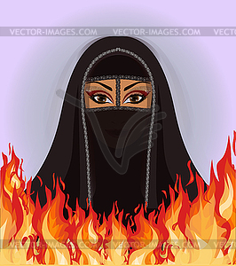 Muslim arab woman in burka and fire, background vector  - vector image