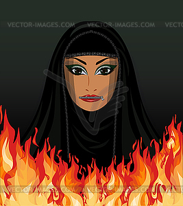 Арабская мусульманка в хиджабе и огне, рот закрыт  - клипарт в векторе