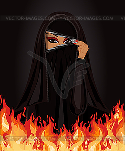 Muslim arab woman in burka  opens face with a zipper - vector image