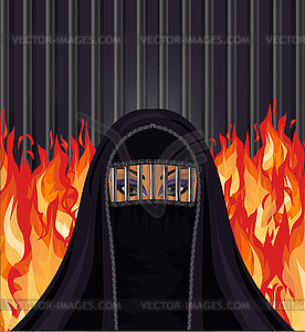 Burka is like a prison. Young muslim arab woman in burq - vector clipart