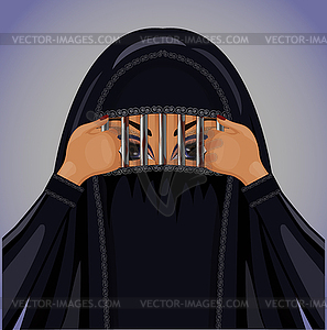 Burka is like a prison. Muslim woman in burqa breaks th - vector clipart