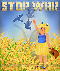 Stop War in Ukraine background, little girl with teddy  - vector EPS clipart