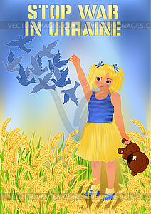 Stop War in Ukraine card, little girl with teddy bear  - vector clipart
