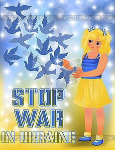 Stop War in Ukraine background, little girl with pigeon - vector image