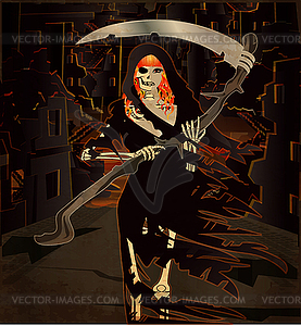 Рыжеволосая леди Мрачный Жнец в разрушенном городе, вектор  - клипарт в векторном виде