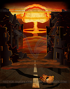 Stop War background, nuclear explosion and kids teddy - vector clipart