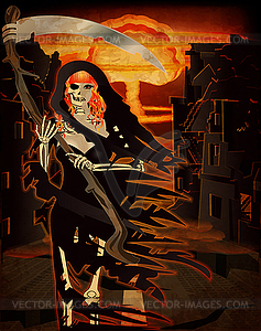 Redhair Lady Grim Reaper in a ruined city with nuclear - vector clipart