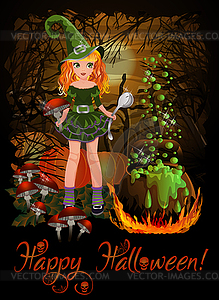 Happy Halloween card, Little redhair witch with spoon, - royalty-free vector clipart