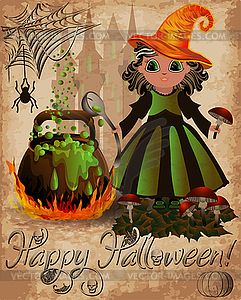 Happy Halloween invitation card, Little cute witch with - vector clipart