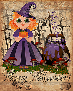 Happy Halloween greeting card, Little cute witch  - vector clip art